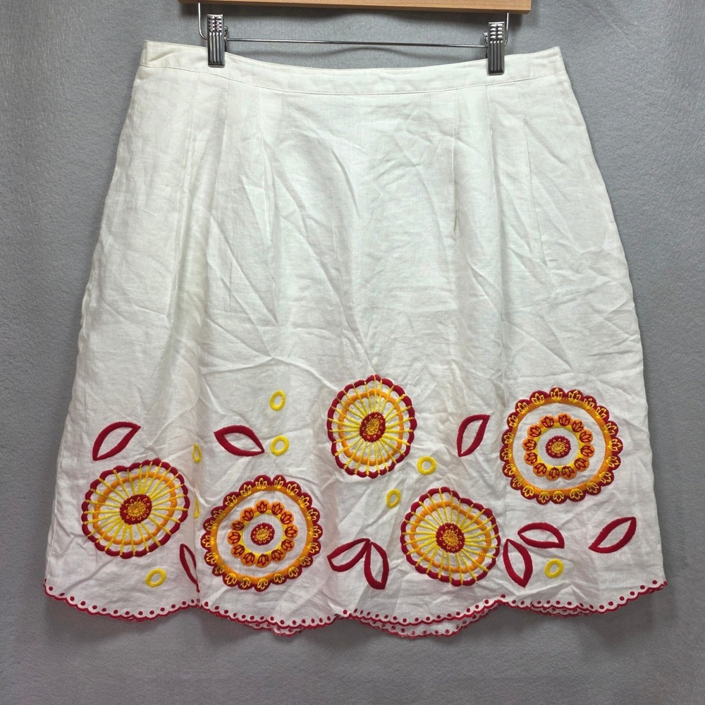 Madison‎ Studio White All Linen Embroidered Floral Scalloped Hem Skirt Sz 14 Wht